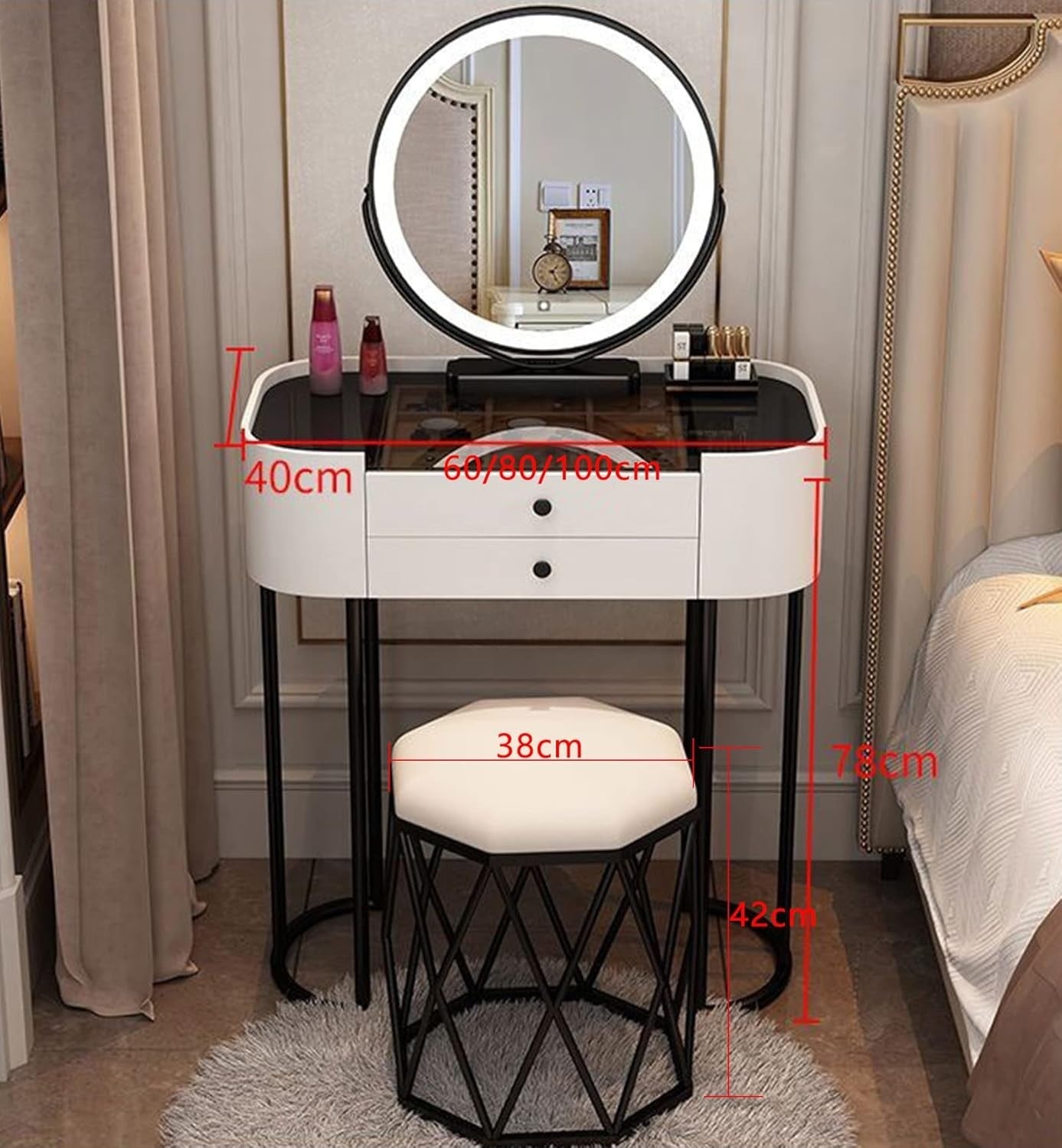 Makeup Vanity Dressing Table w/ LED Light Mirror, 2 Drawers, Stool, Wood/Metal