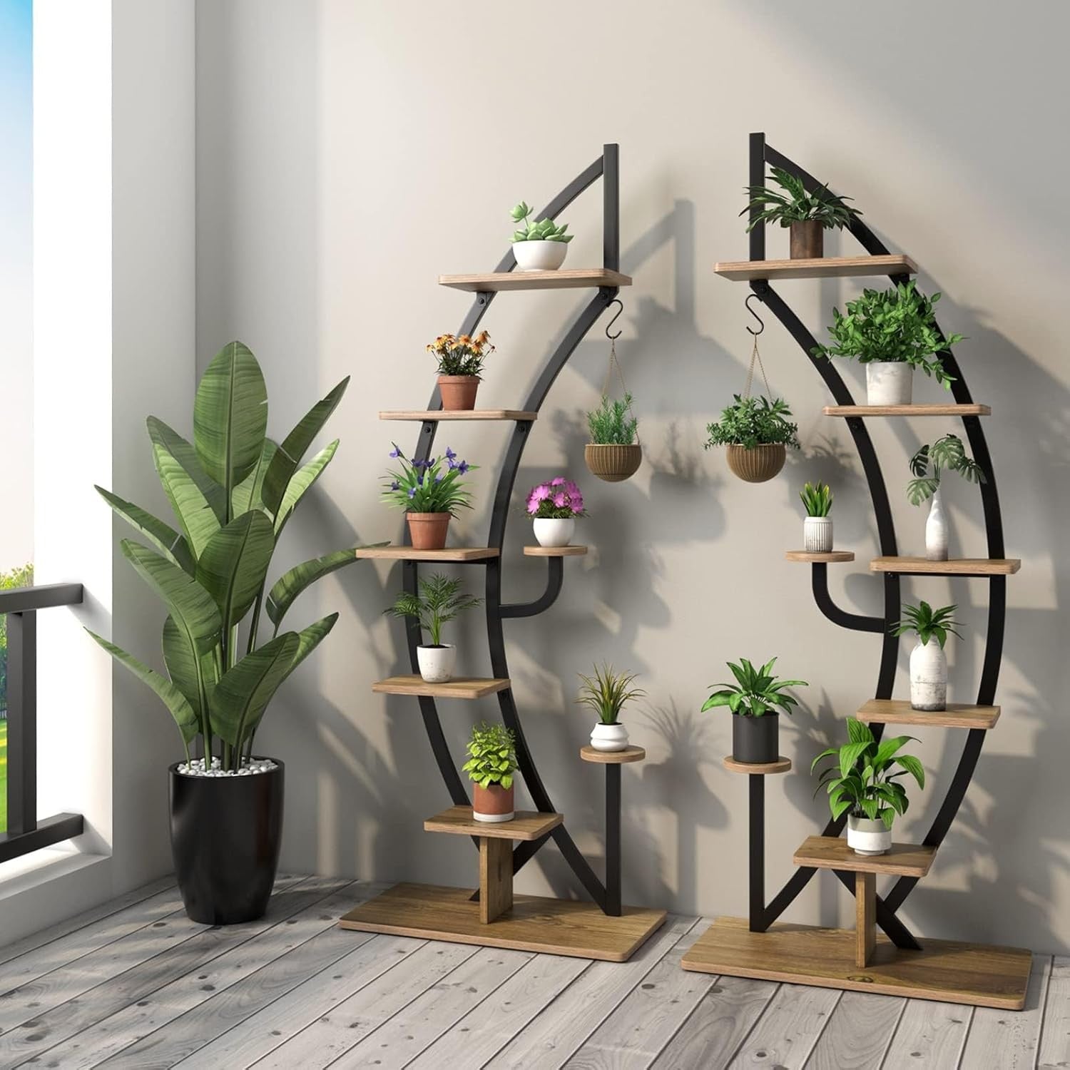 8 Tier Half Moon Plant Stand 2 Pack Metal Flower Shelf Indoor Display Rack Moder