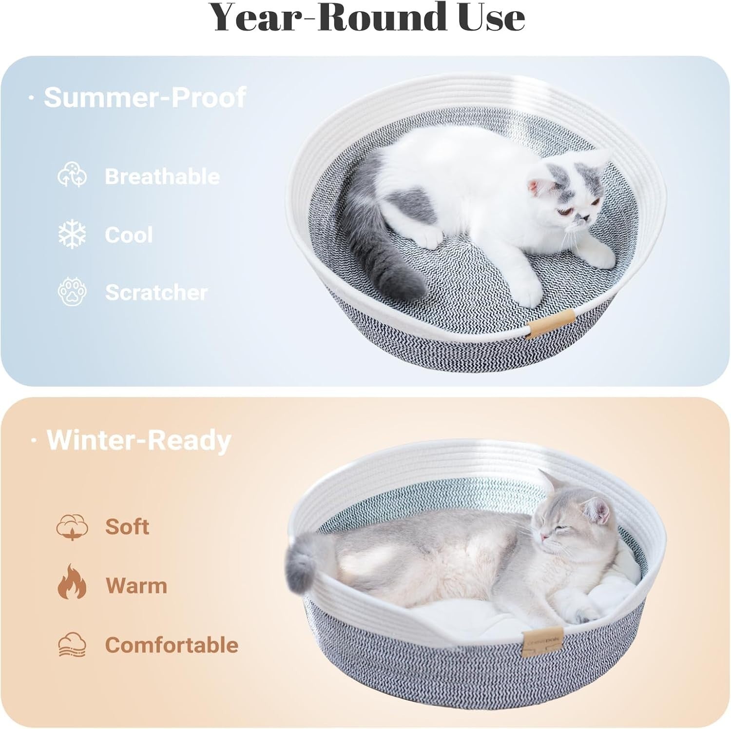 Washable Cat Bed Basket 47cm Cotton Rope Woven Cushion All Breed