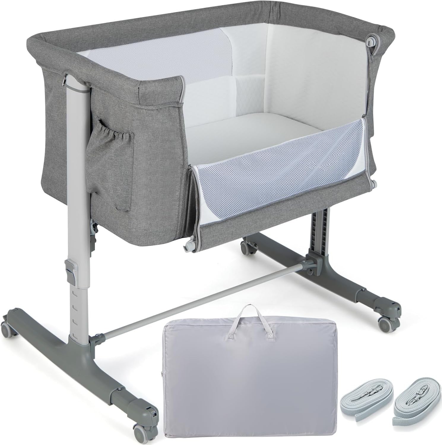 3-in-1 Baby Bedside Crib with Adjustable Heights, Mattress & Carry Grey