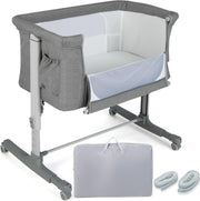 3-in-1 Baby Bedside Crib with Adjustable Heights, Mattress & Carry Grey