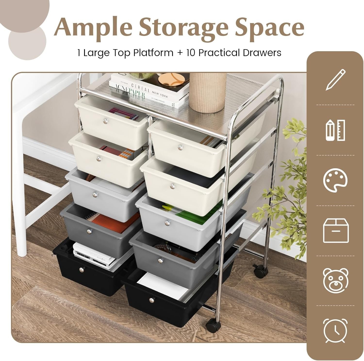 10 Drawer Mobile Storage Trolley Rolling Utility Cart Salon Organizer Grey
