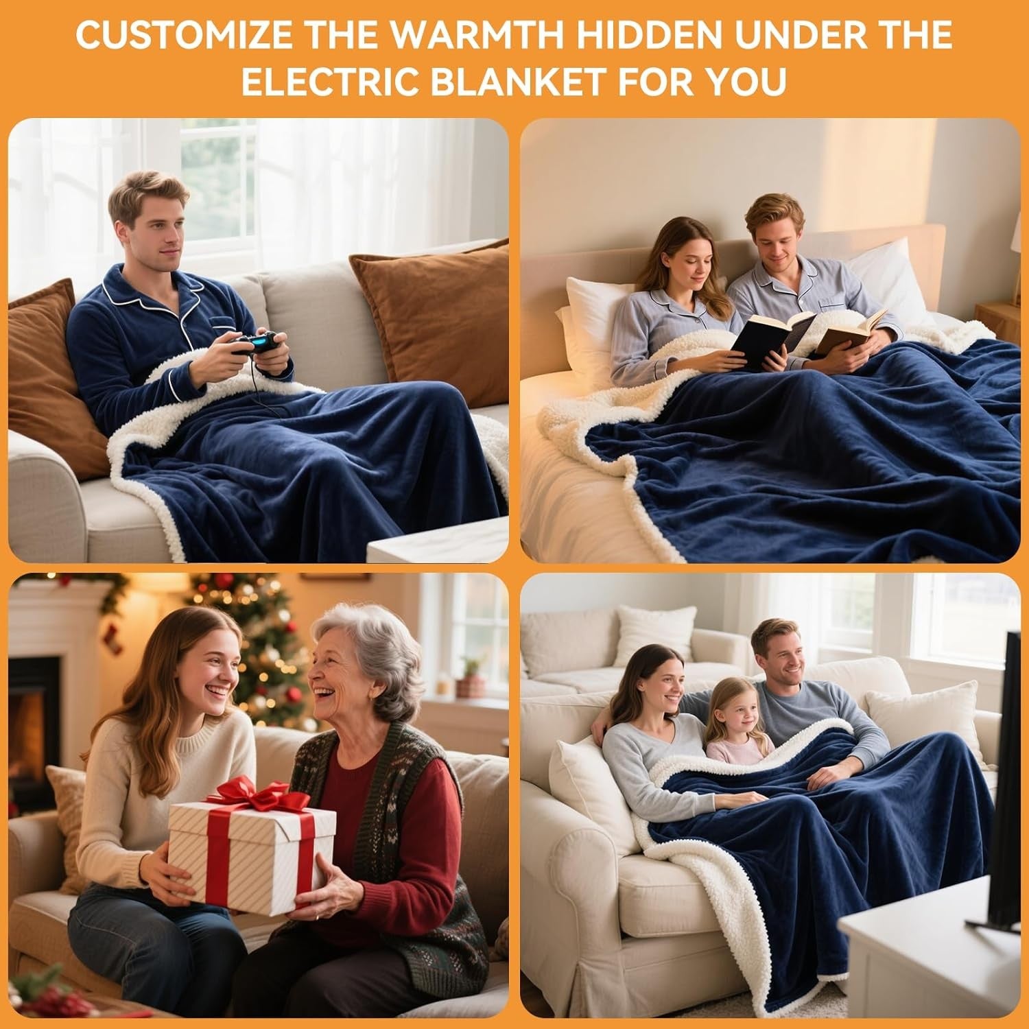 Electric Heated Throw Blanket 200x180cm Blue Auto Shut Off 10 Heat Levels
