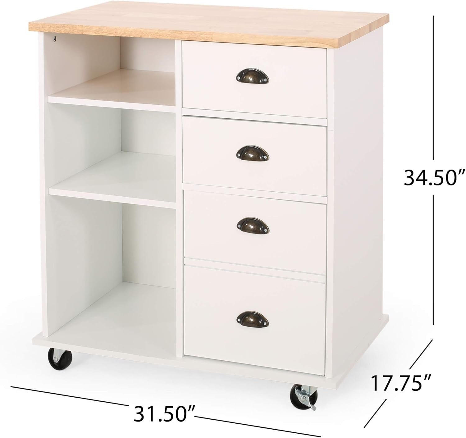 Contemporary Rolling Kitchen Cart with Rubberwood Top, Drawers & Shelves