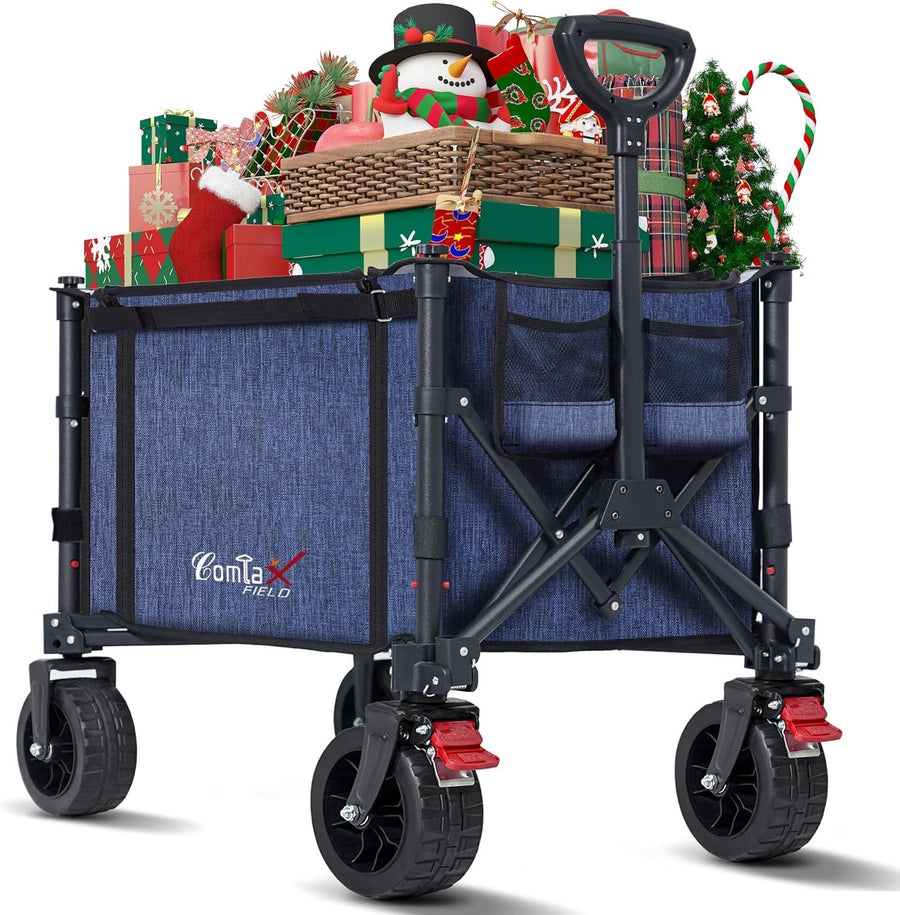 120L Folding Festival Trolley 100kg Capacity Beach Camping Wagon Wheels Blue
