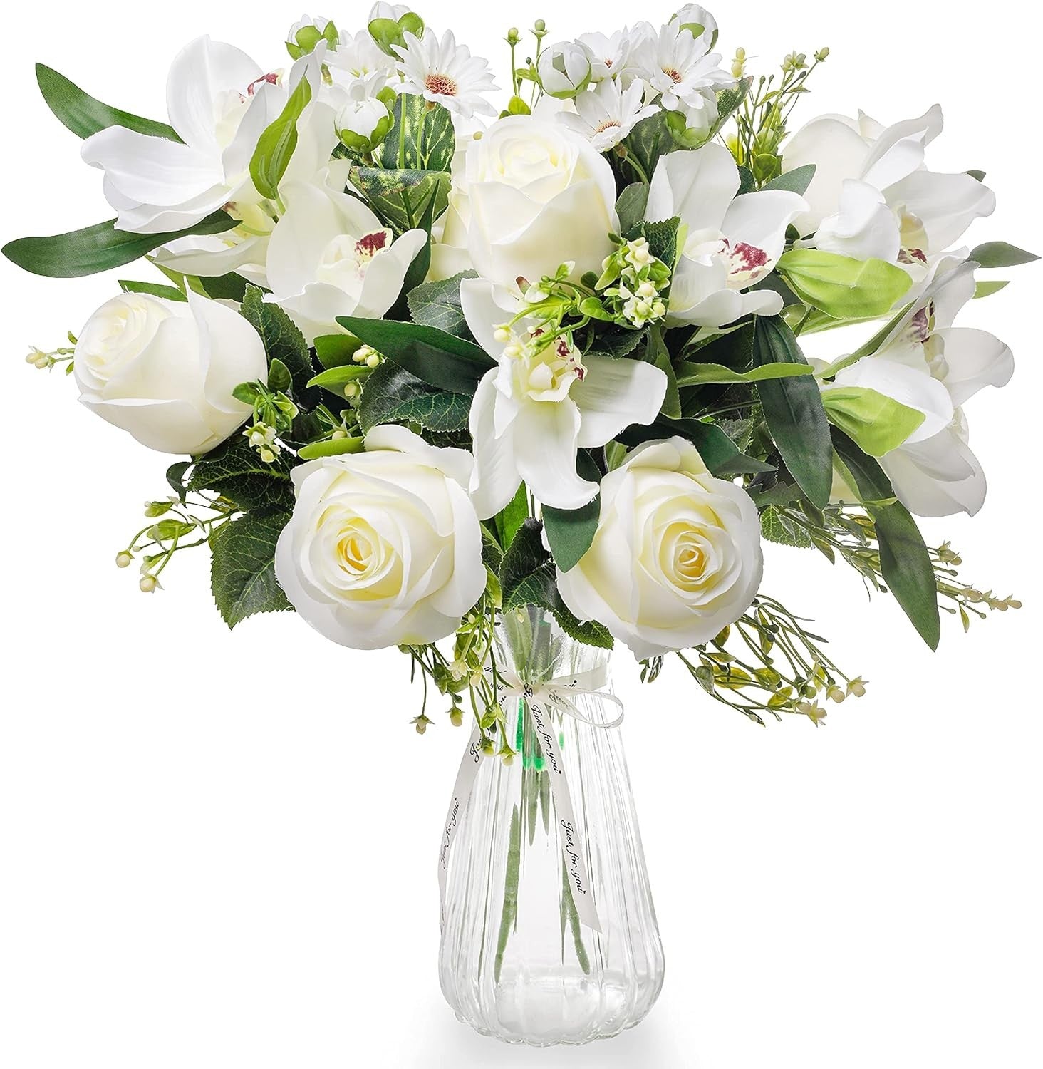 Artificial Flowers with Glass Vase White Rose Orchid Table Centrepiece