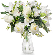 Artificial Flowers with Glass Vase White Rose Orchid Table Centrepiece