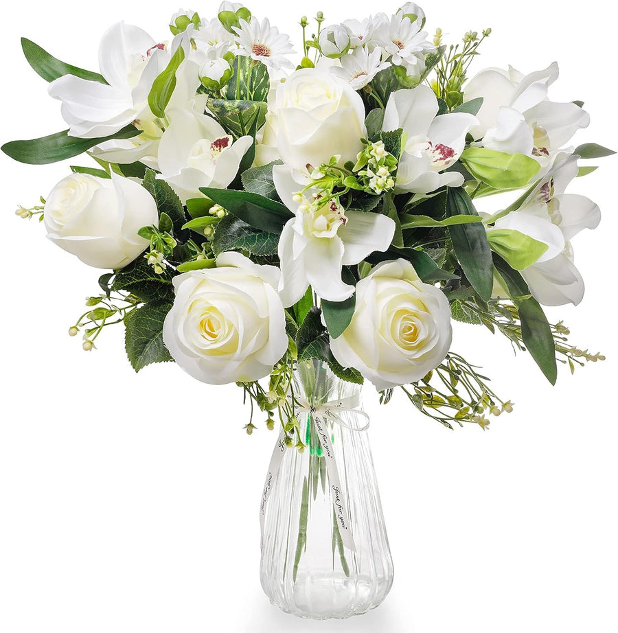 Artificial Flowers with Glass Vase White Rose Orchid Table Centrepiece