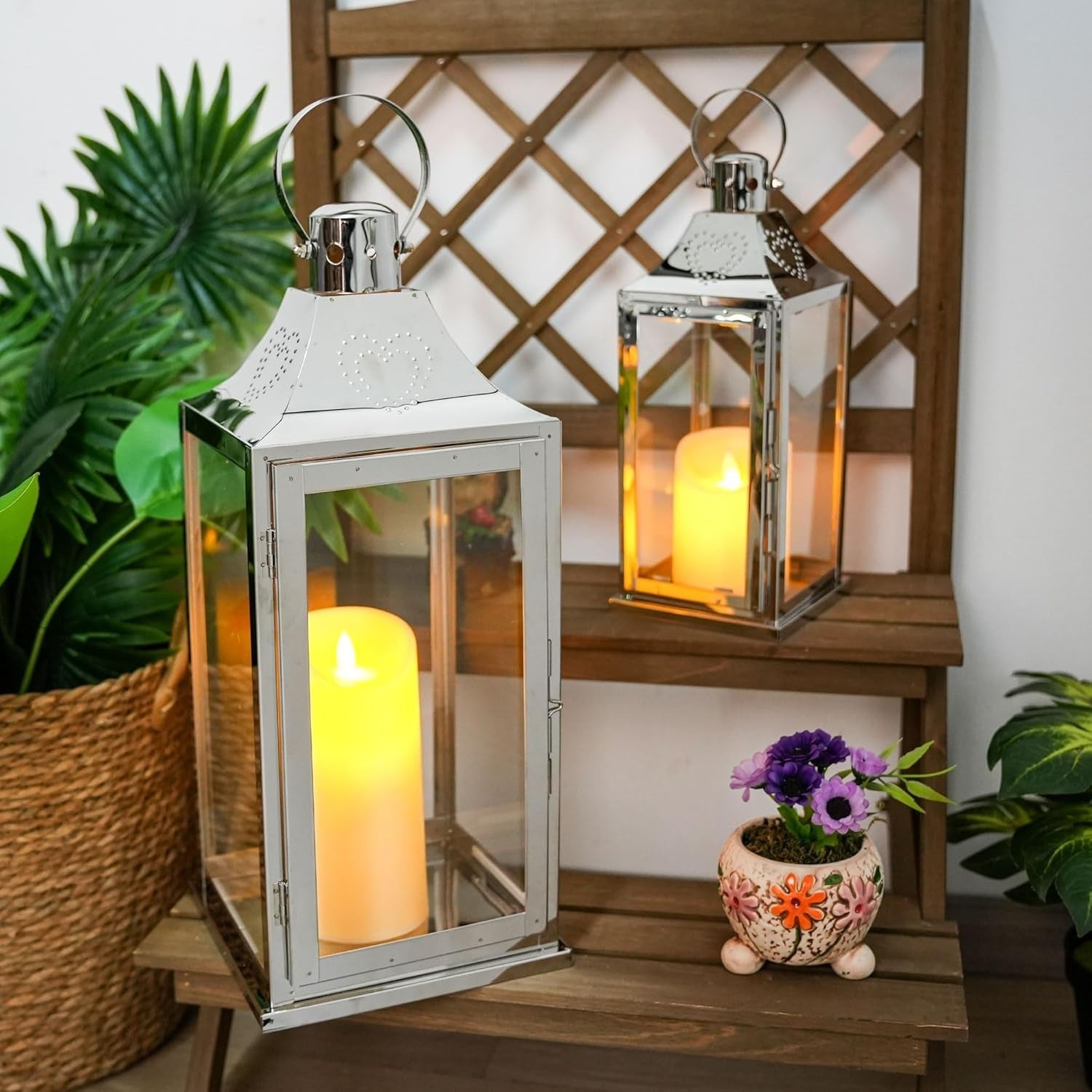 Set of 2 Silver Stainless Steel Candle Lanterns 43 cm & 30 cm