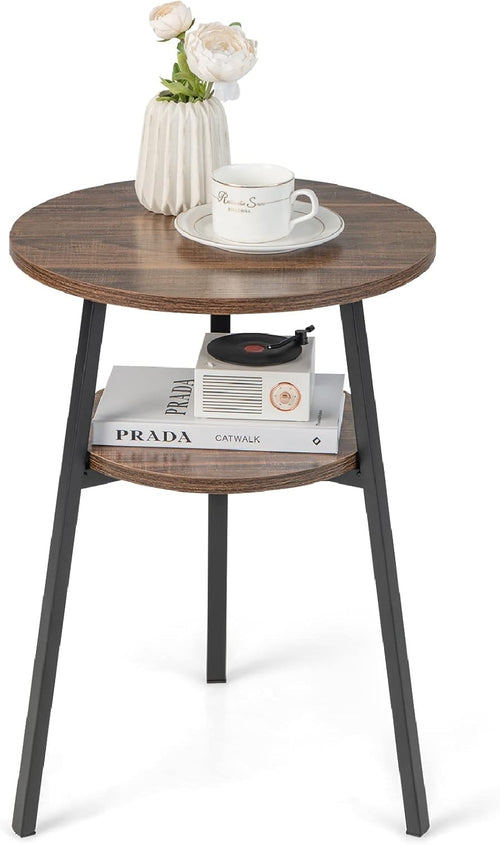 Round Industrial Side Table with Storage Shelf, Slim 2-Tier Coffee Nightstand