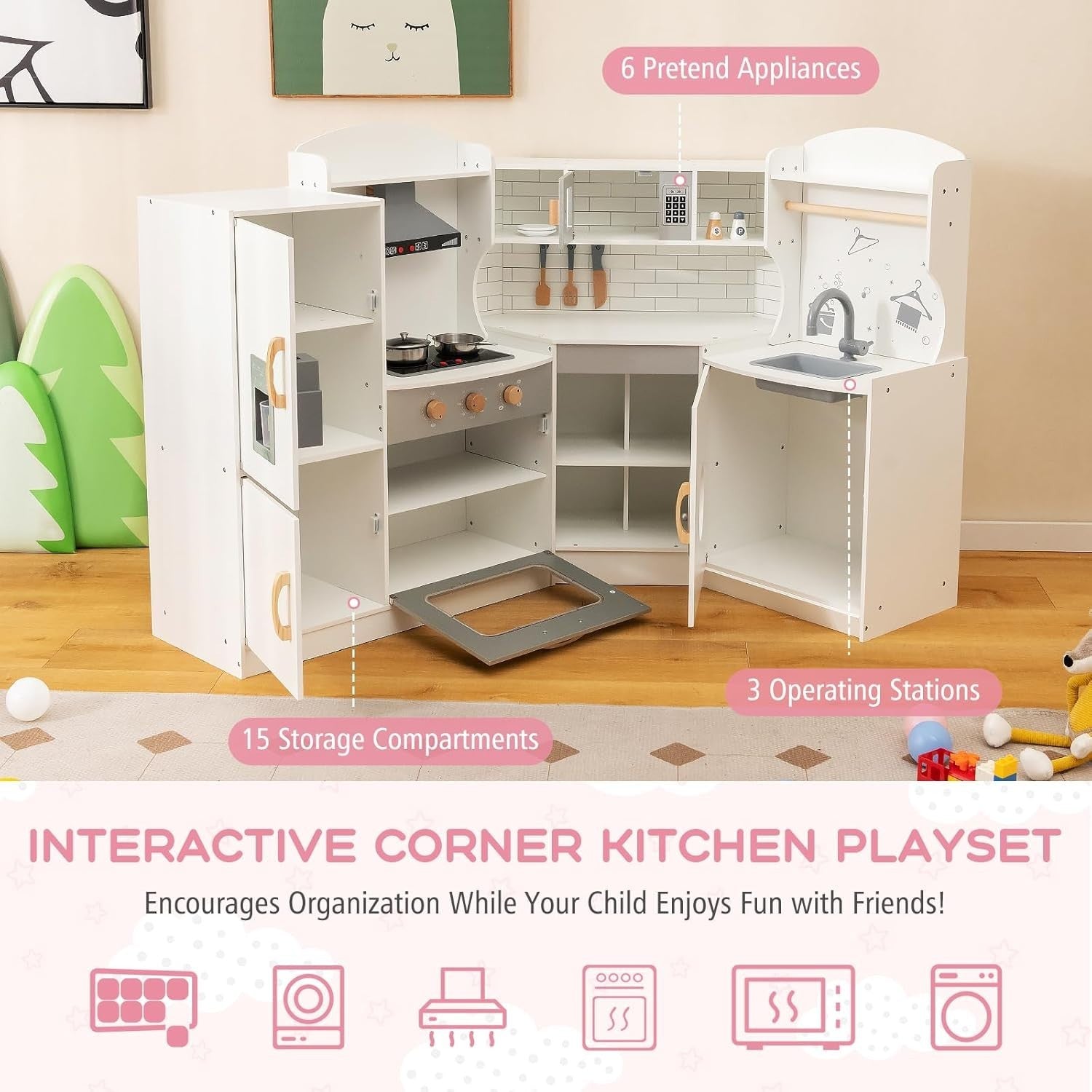 Kids Corner Play Kitchen Wooden Toy Set Light Sound Ice Dispenser White