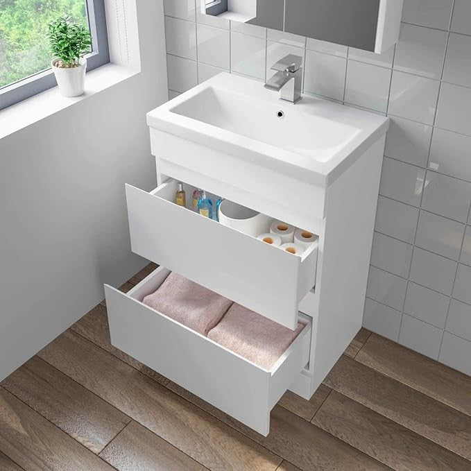 600mm White Gloss Bathroom Vanity Unit with Basin Sink 2 Drawer Floor Standing