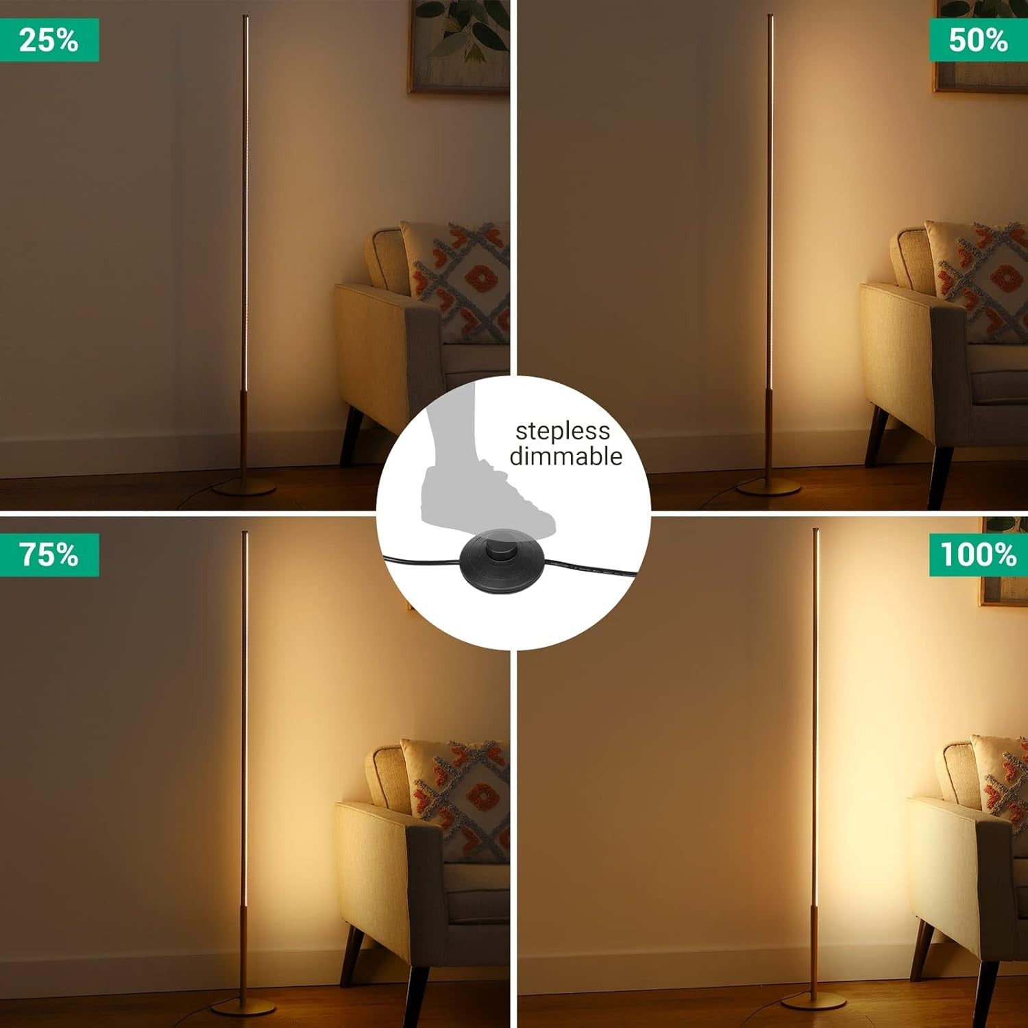LED Floor Lamp Dimmable Corner Standing Light Minimalist Warm White Gold