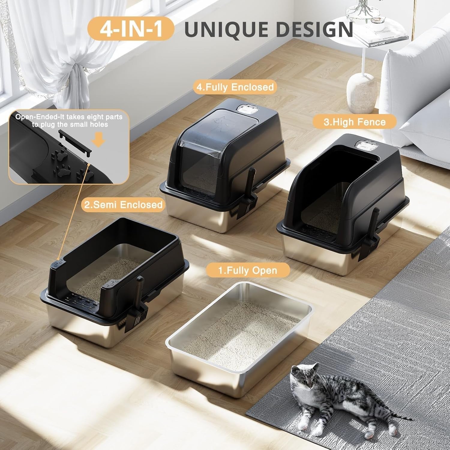 XL Stainless Steel Cat Litter Box Clear Lid High Sided Enclosed Tray