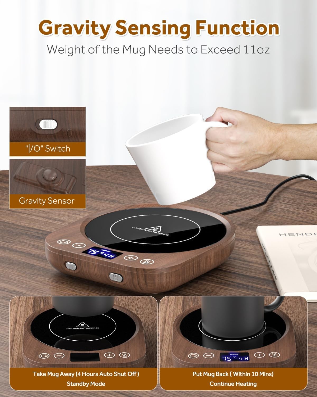 Smart Coffee Mug Warmer 9 Temp Gravity Sensor Timer LED