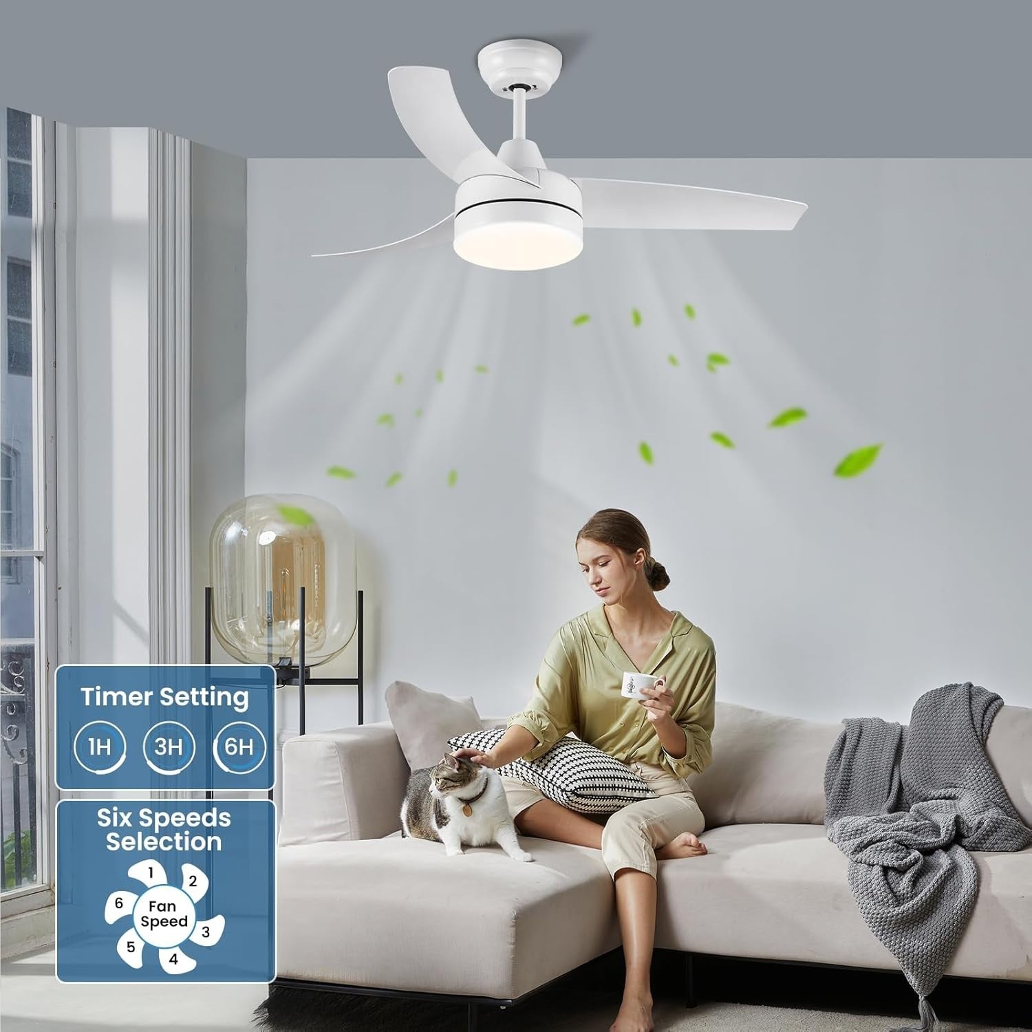 CJOY 42" Ceiling Fan with Light, 6 Speeds, Dimmable LED, Remote Control