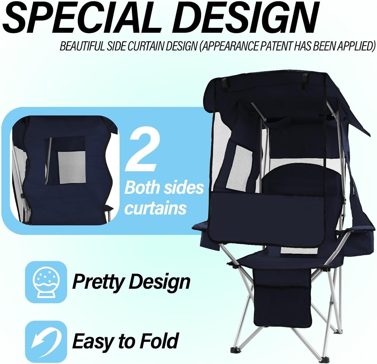 Foldable Beach Camping Chair with Canopy Shade, Cooler Bag & Cup Holders
