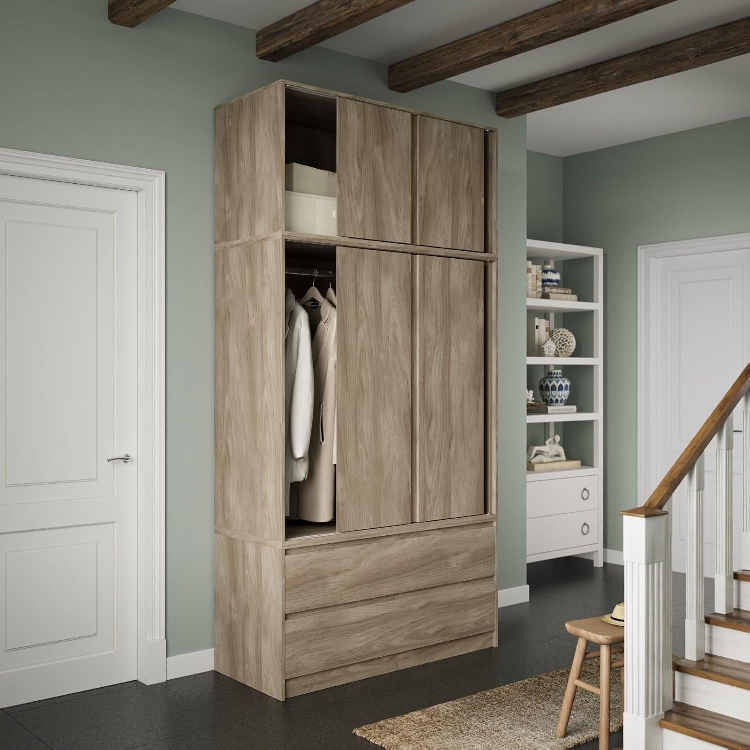 Oak 6 Door Wardrobe with Drawers 240cm Sliding Closet Storage Unit