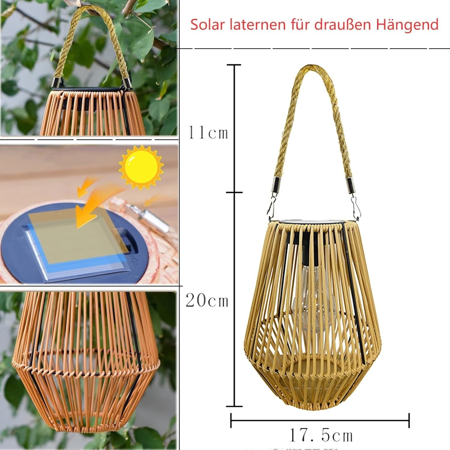 Japanese Hanging Solar Lantern – Rattan Outdoor Garden Light (Size K)