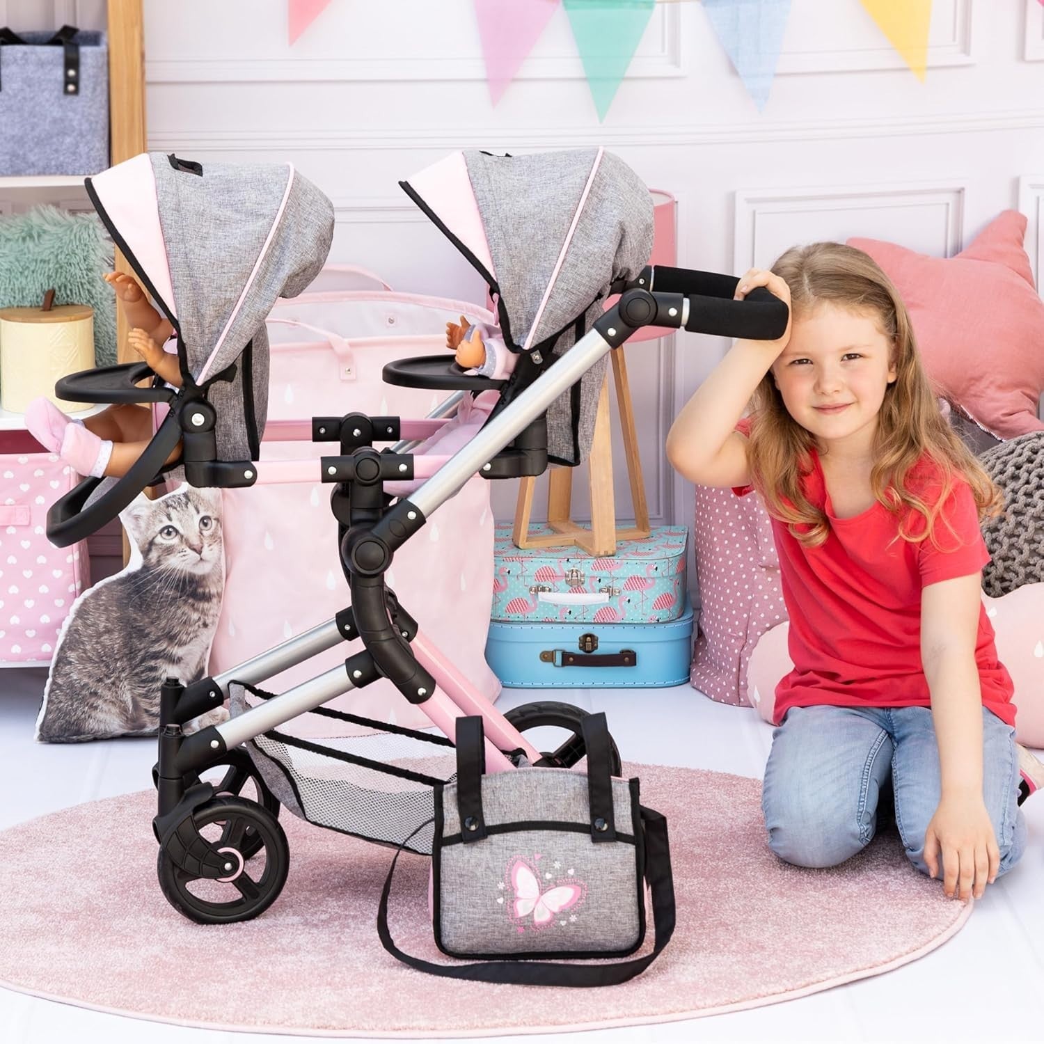 Twin Doll Pram Double Stroller Adjustable Handle Foldable Basket Bag