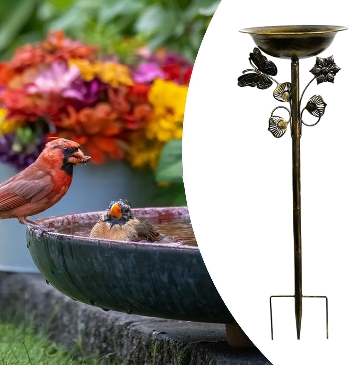 Gold Metal Bird Bath Feeder Bowl Garden Outdoor Decor with Prong Base Stand