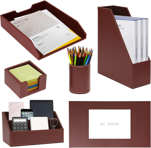 Luxury PU Leather 6-Piece Desk Organizer Set with Writing Pad & Pen Holder