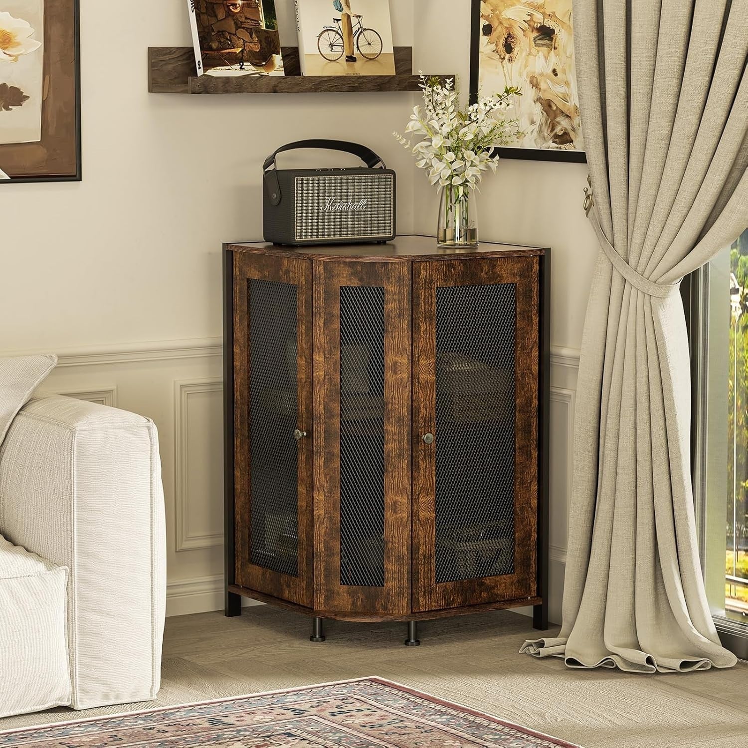 Industrial Corner Wine Cabinet with Storage Shelves, 3-Tier Bar Unit, Rustic