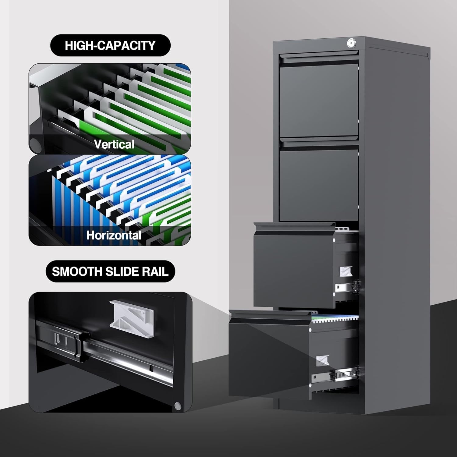 4 Drawer Metal Vertical Filing Cabinet Lockable Home Office Storage Black