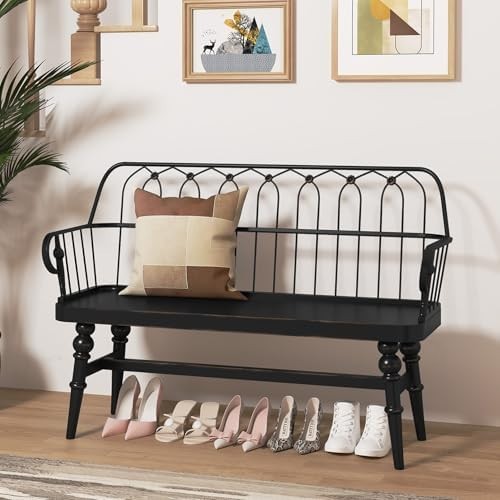 Black Farmhouse Entryway Bench with Back & Metal Spindle Indoor Seating