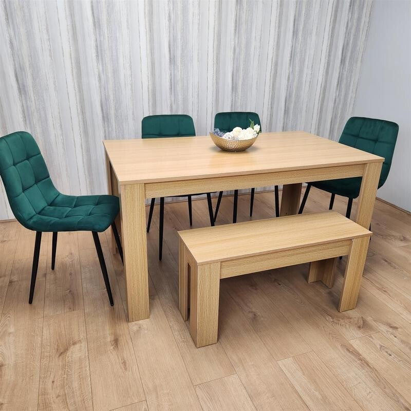 6 Seater Oak Effect Dining Table Set with Green Velvet Chairs & Bench Wood