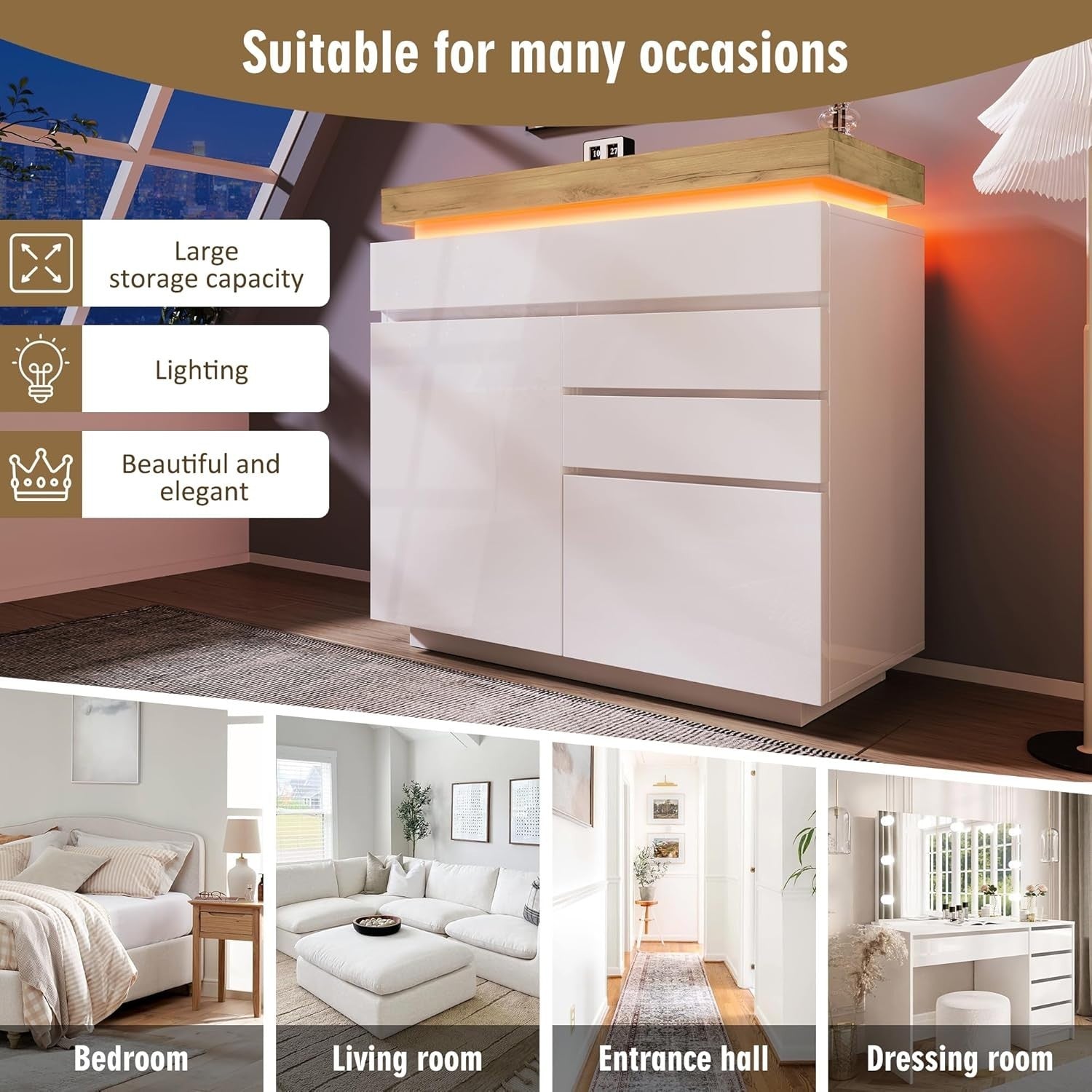 High Gloss White Sideboard with 2 Doors, 3 Drawers & RGB LED App Control