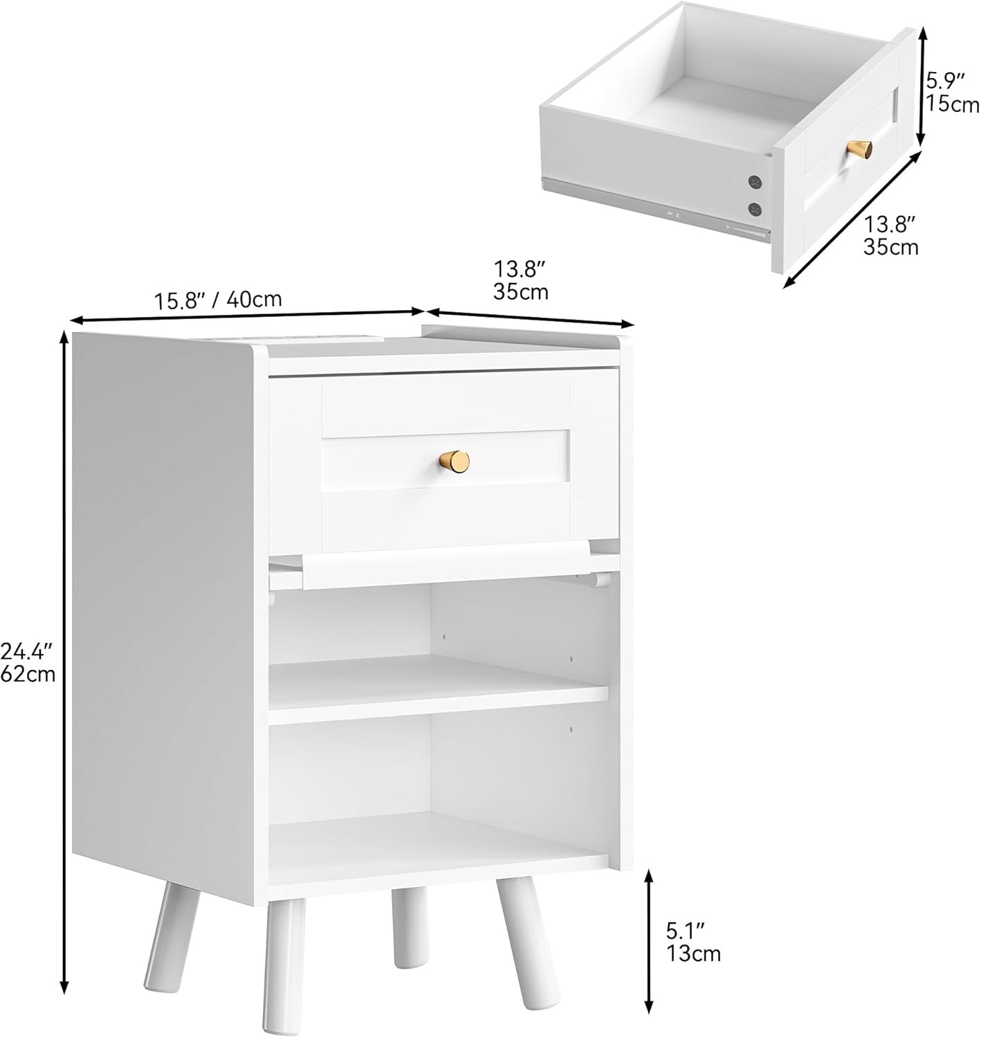 White LED Bedside Table | Nightstand with Drawer & Adjustable Shelf 40×62cm