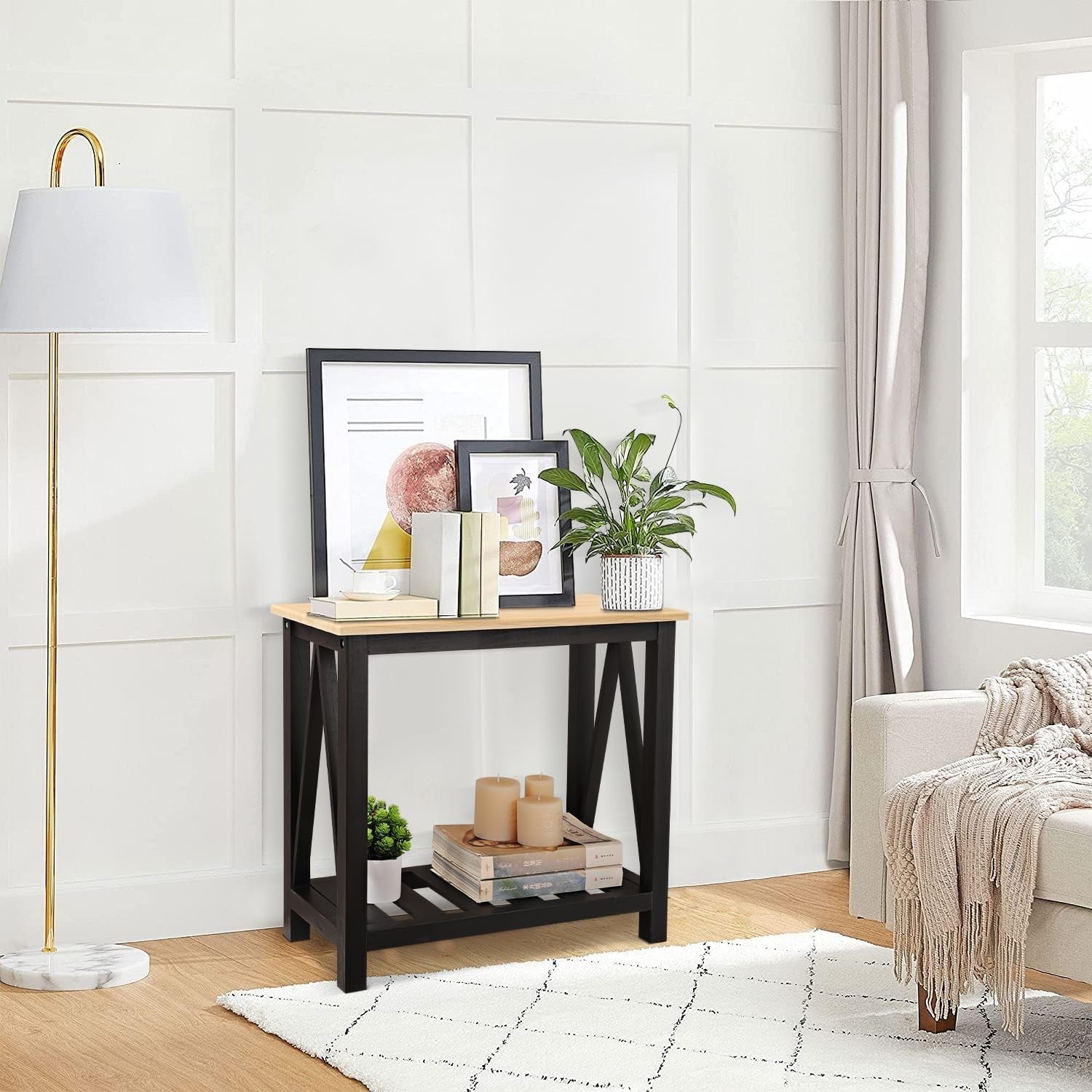 Narrow Wood Side Table with Shelves, Rectangular Nightstand for Small Spaces