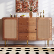 Walnut Rattan Sideboard Storage Cabinet 3 Drawers 2 Doors 150cm Vintage