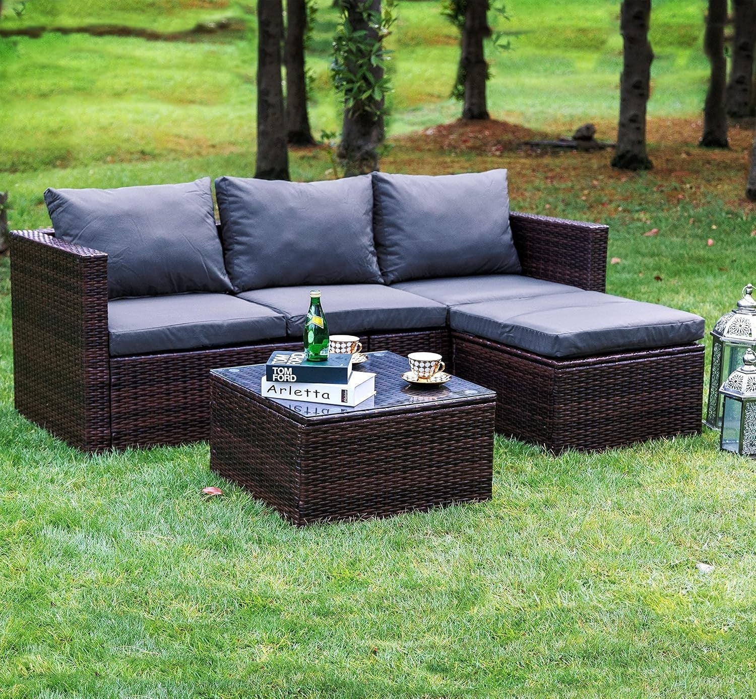 3-4 Seater Rattan Garden Sofa Set w/ Table & Cushions Patio Furniture