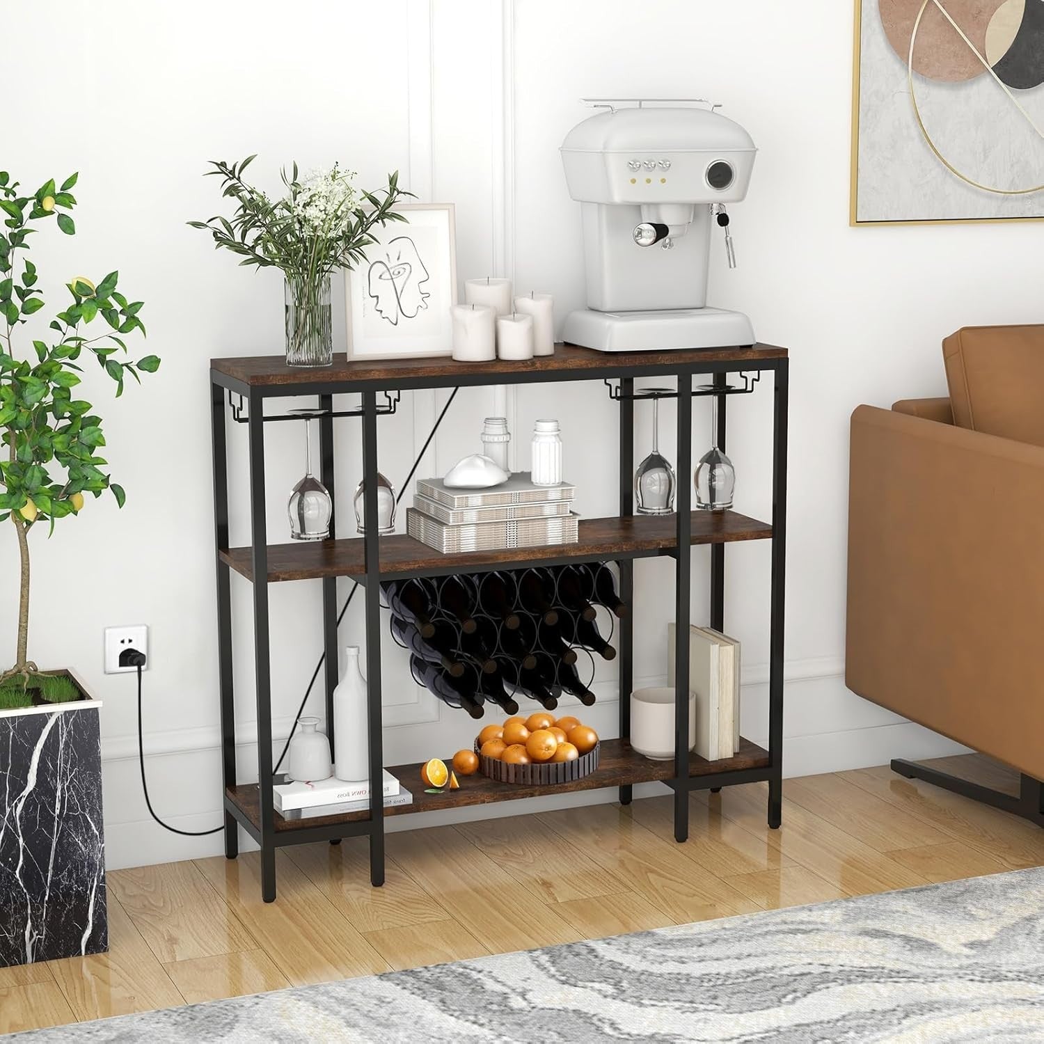 3 Tier Industrial Wine Cabinet with Countertop Glass Holders USB Charging Bar