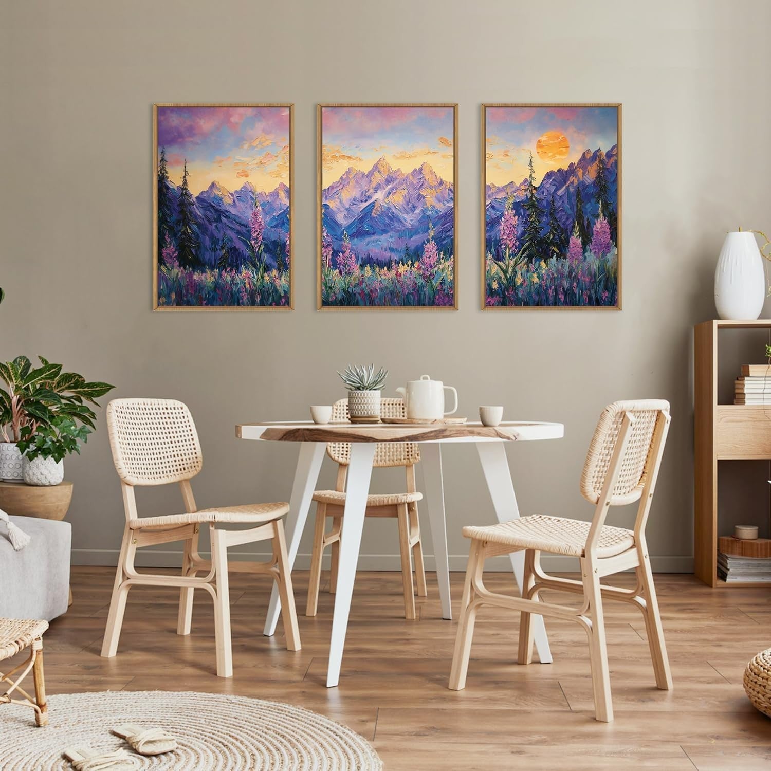Purple Sunset Mountain Framed Canvas Wall Art Set 3 Nature Landscape Decor