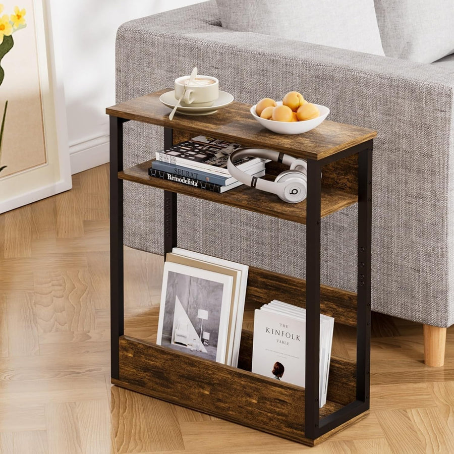 Space-Saving 3-Tier Side Table with Storage Shelf for Narrow Rooms Brown