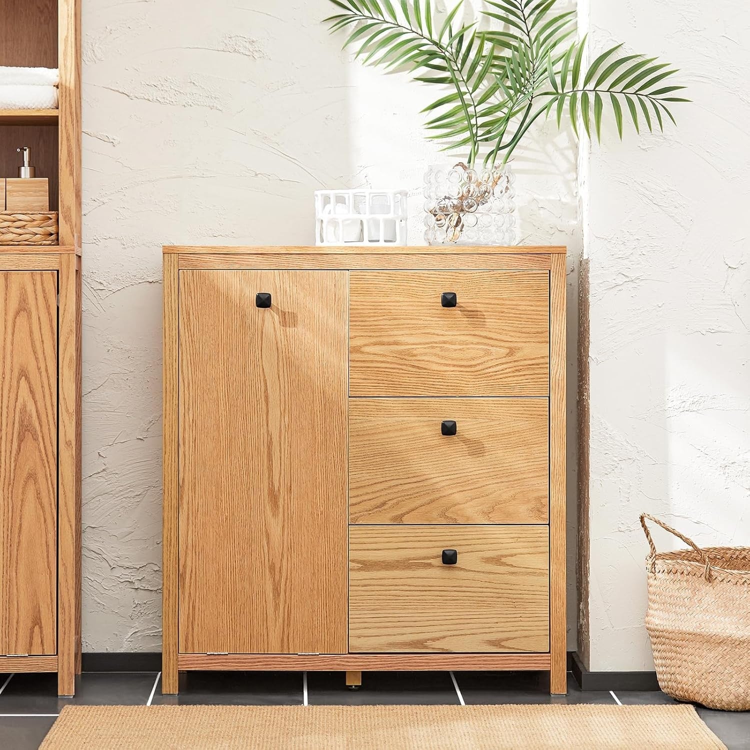 Wooden Bathroom Storage Cabinet with Laundry Basket & 3 Drawers 80×35×90cm