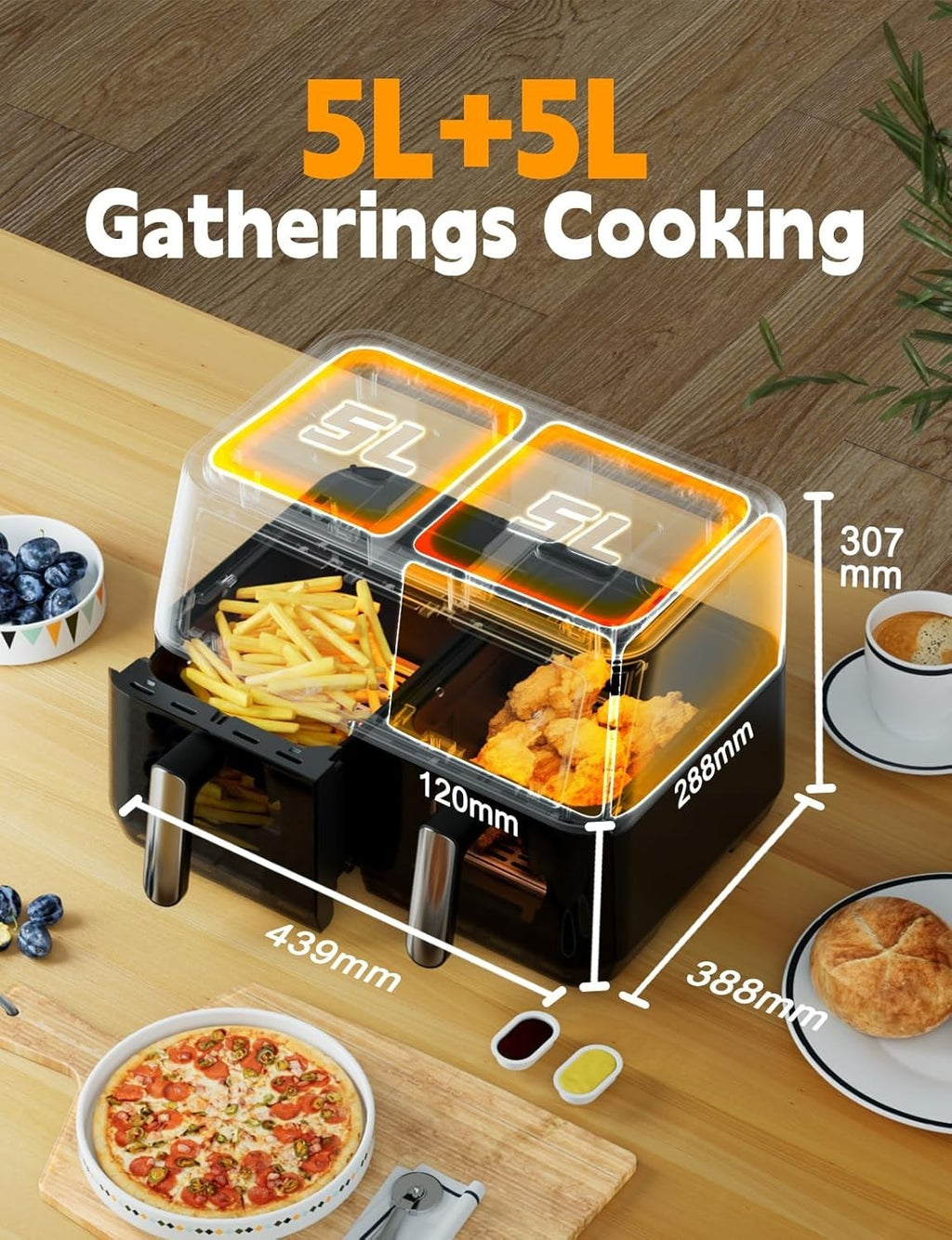 10L Dual Air Fryer with Window 2 Drawers 10 Presets Sync Cook Touchscreen