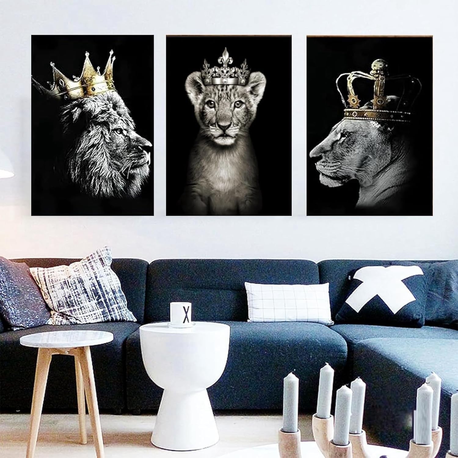 Lion & Lioness Canvas Wall Art Set 3 Black White 40x60cm