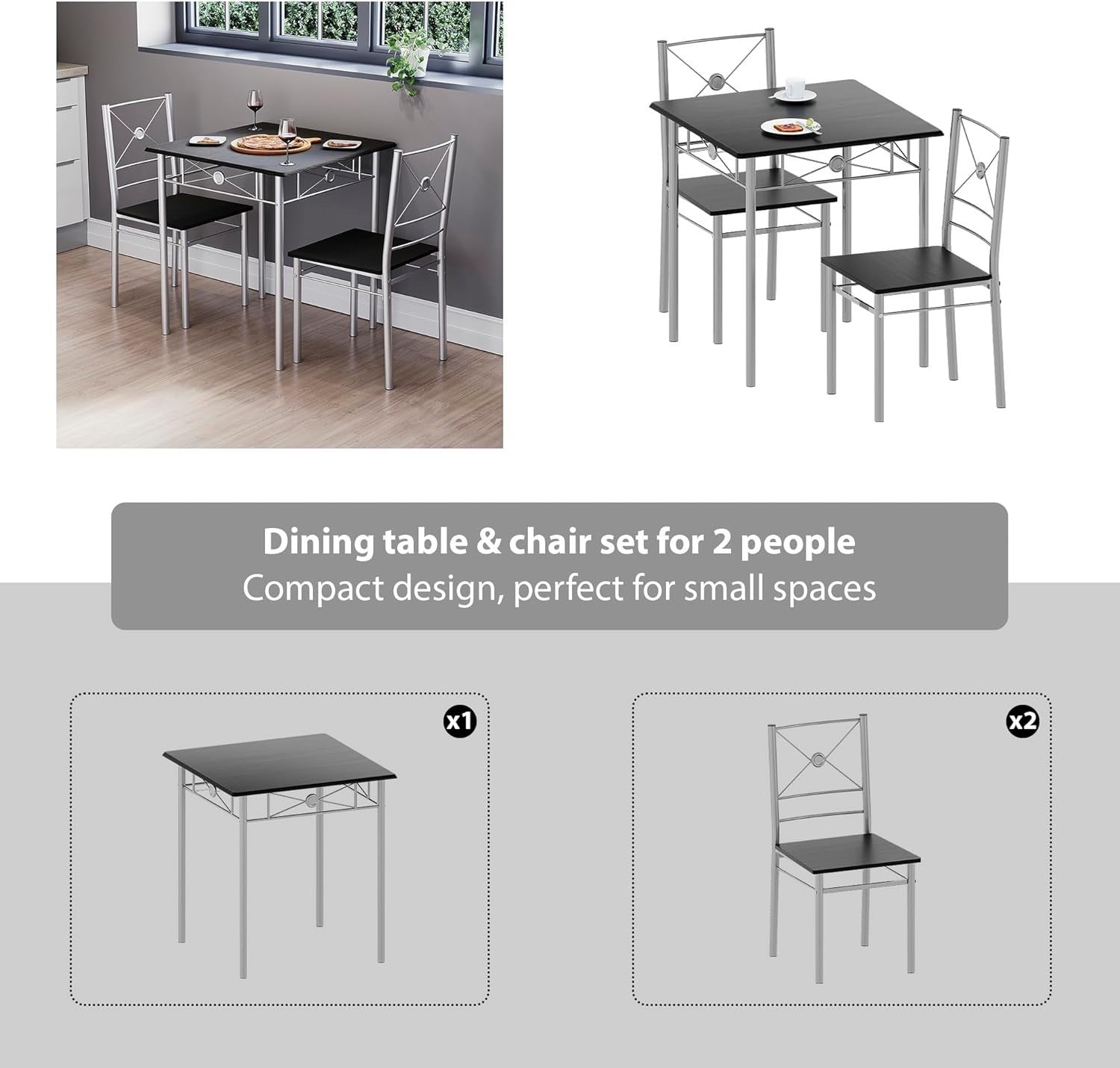 Compact Black 2-Seater Dining Table Set | Modern Kitchen Breakfast Furniture