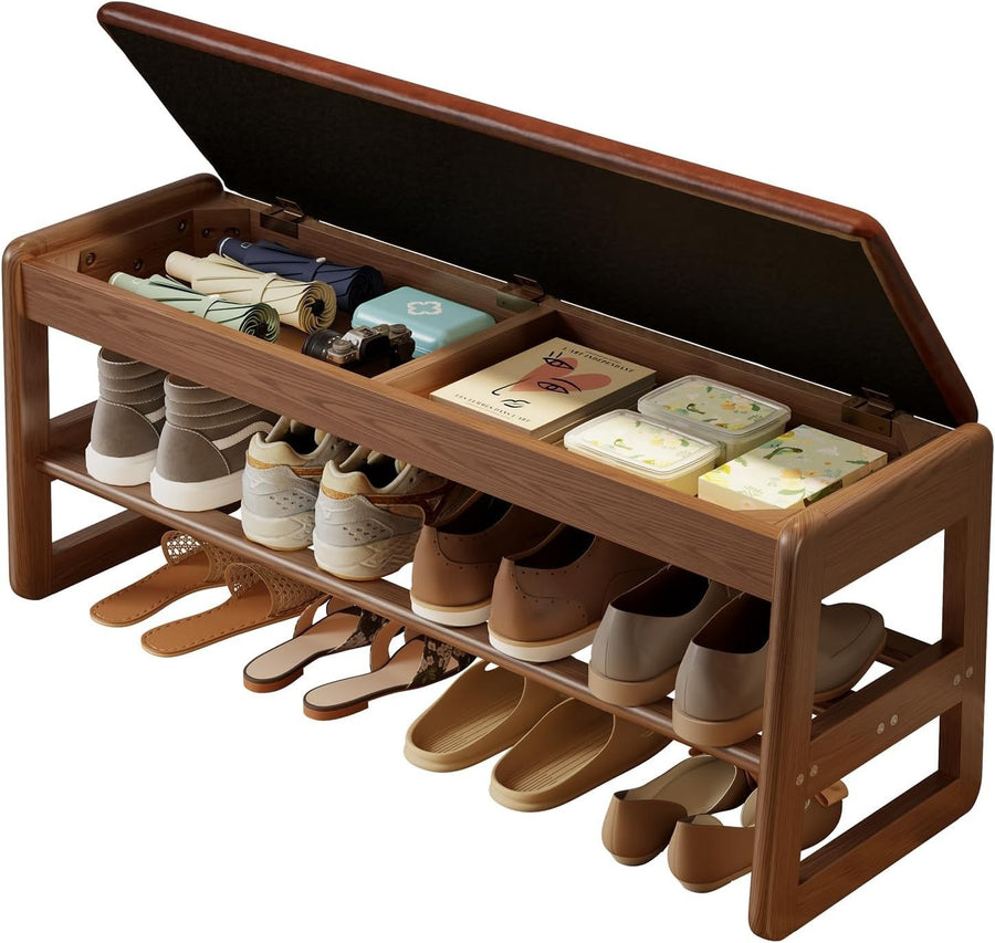2-Tier Shoe Rack Bench with Flip-Top Storage Leather Cushion – Entryway