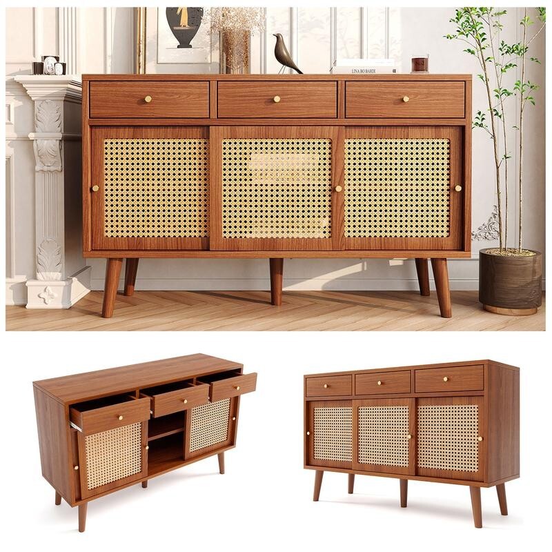 Retro Rattan Sideboard Cabinet 3 Drawer 3 Door Wooden Storage for Living Room