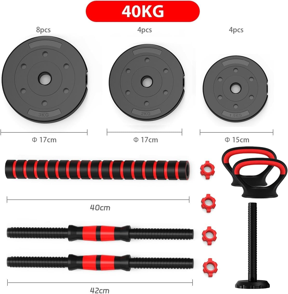 40kg Adjustable Dumbbells Barbell Kettlebell Set Home Gym Weights