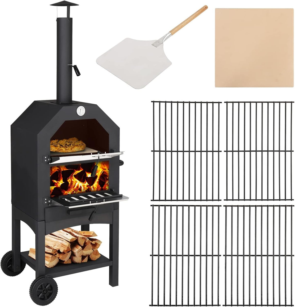 Outdoor Wood Fired Pizza Oven BBQ Smoker | Adjustable Chimney & Wheels