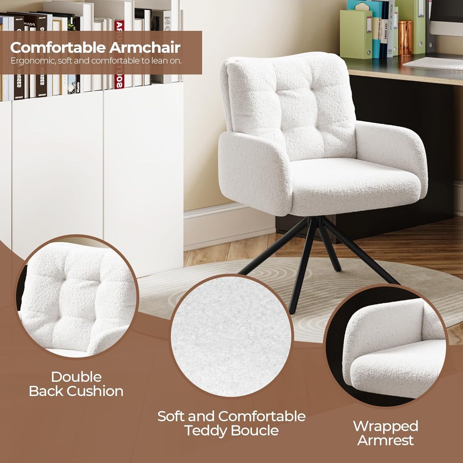 White Boucle Swivel Accent Chair Tub Vanity Desk Armchair