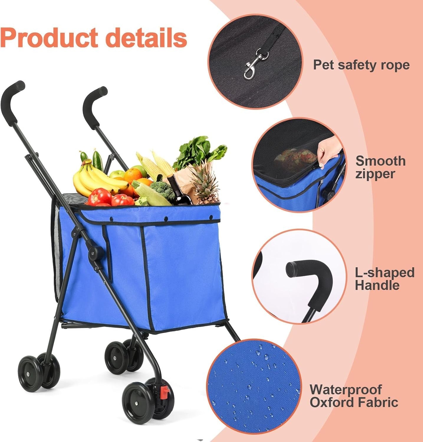 Blue Foldable Pet Shopping Cart Stroller 60lb Heavy Duty Utility Wagon