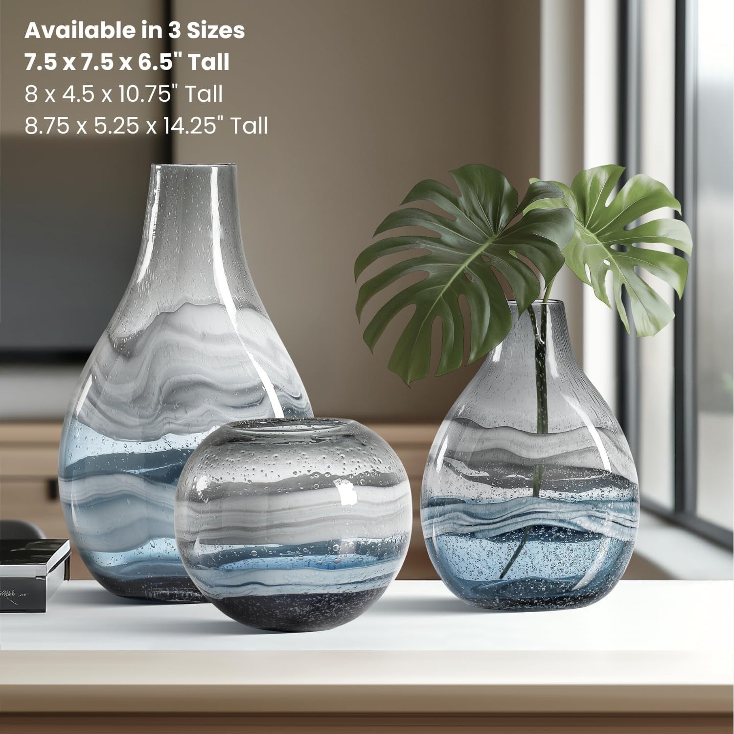 Handmade Blue Swirl Glass Sphere Vase Modern Living Room Centerpiece