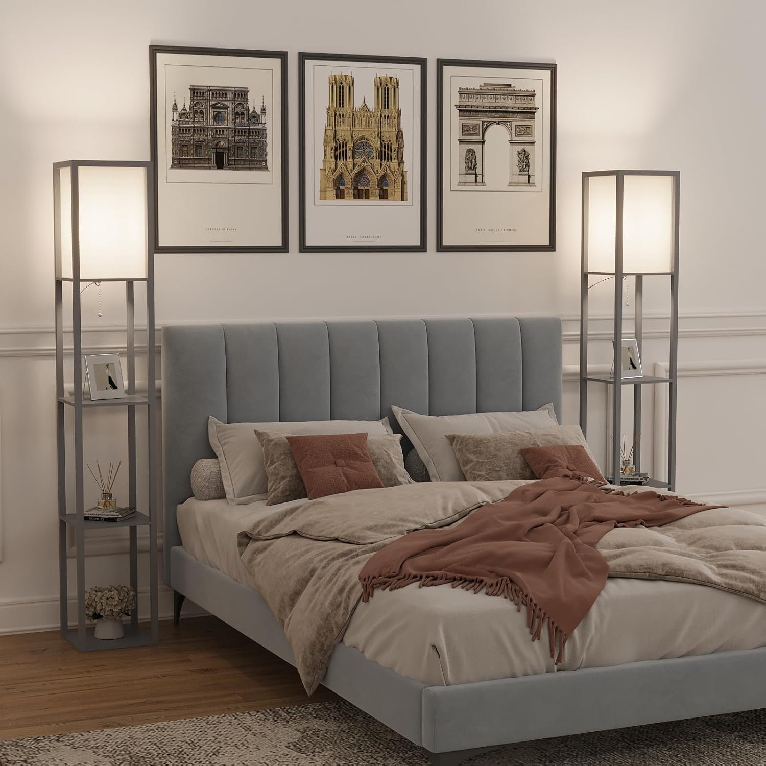 Floor Lamp with Shelves Wooden Storage Standing Light Modern Bedroom Living